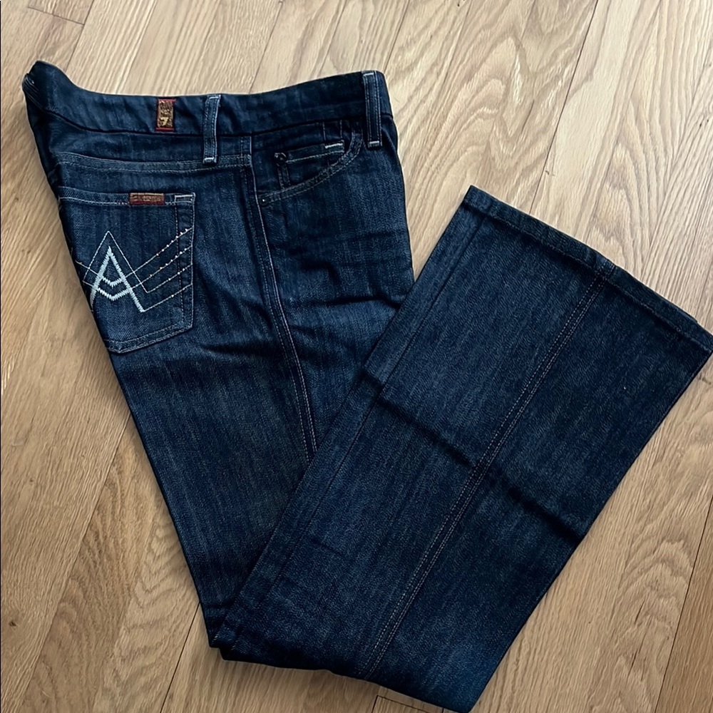 7 For All Mankind Blue Boot Cut Jeans with Signature Embroidery